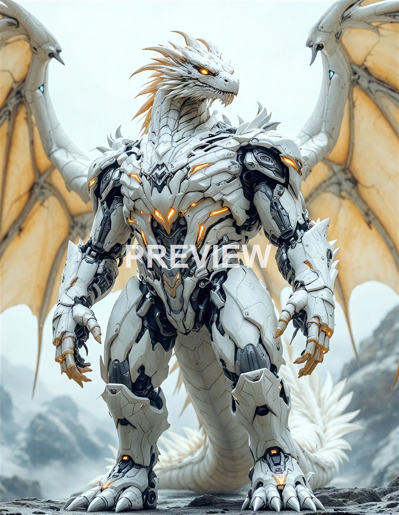 A highly detailed, futuristic dragon robot with glowing orange and blue accents, standing on rocky terrain with large wings spread behind it.